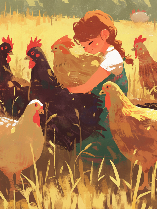 Paint by Numbers：Countryside Love Girl and Her Chickens, A Red-Haired Girl with Braids Gently Embracing a Chicken, Surrounded by Her Other Chicken Friends, Full of Rural Warmth DIY Paint by Nu