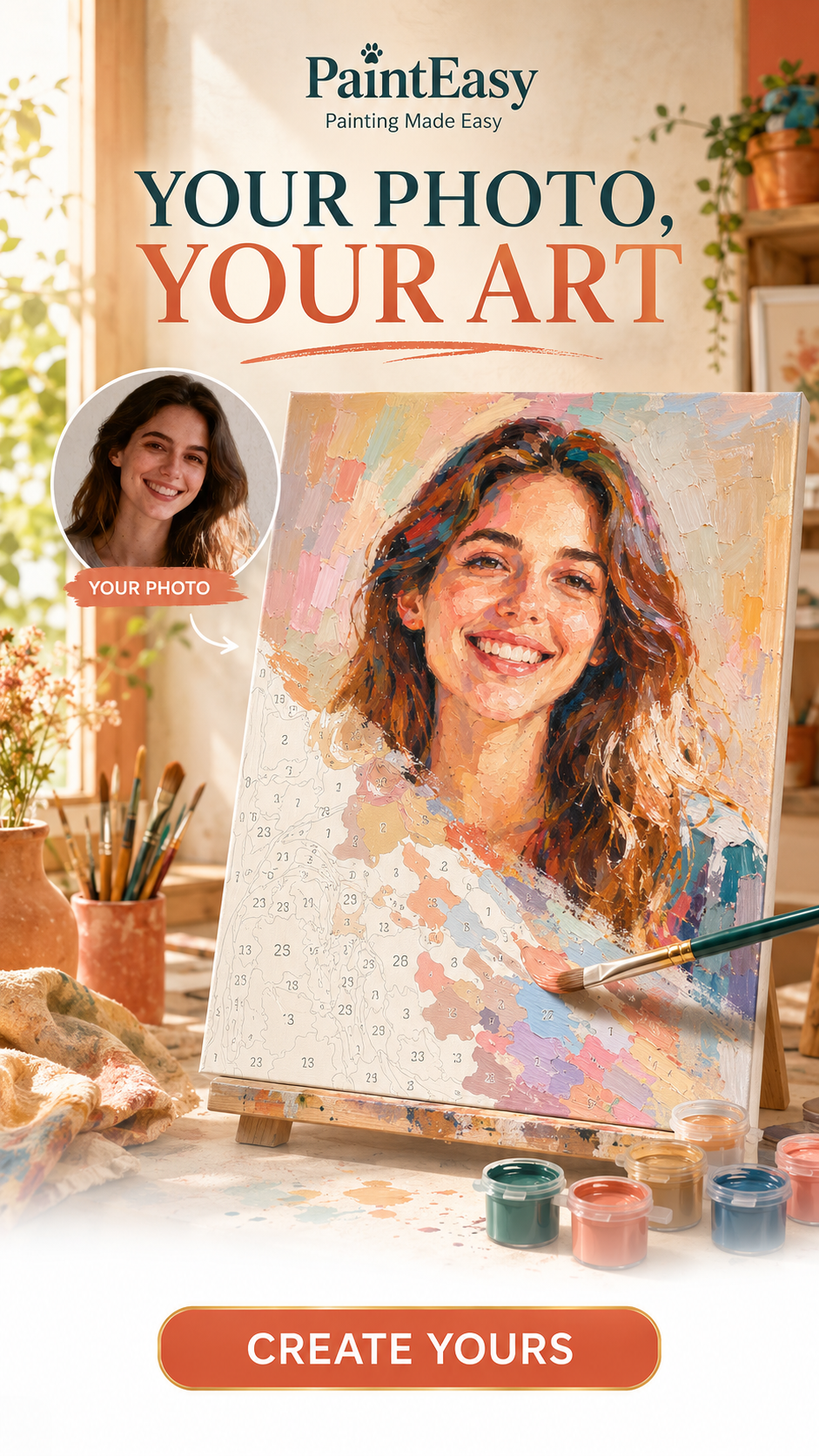 Woman holding a custom painted portrait made from her photo