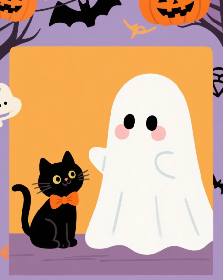 Paint by Numbers：Cute Ghost Alert Halloween Adorable Duo, Shy Little Ghost and Cool Black Cat, Bringing Unique Halloween Cuteness DIY