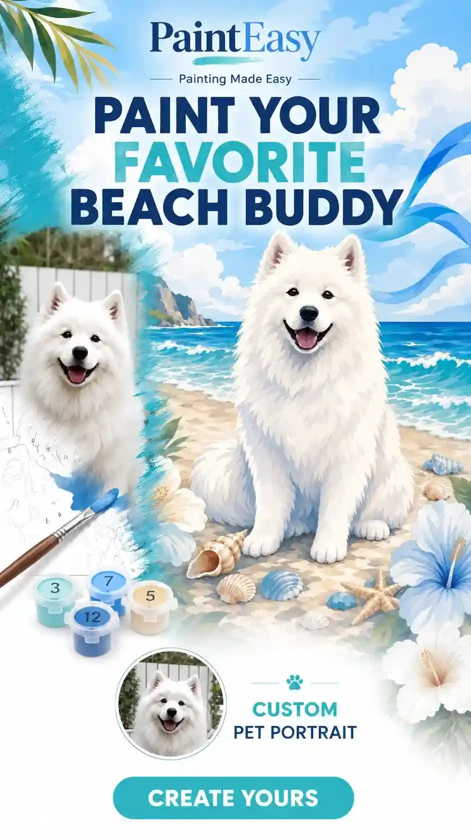 Two fluffy white dogs on a beach paint-by-numbers kit