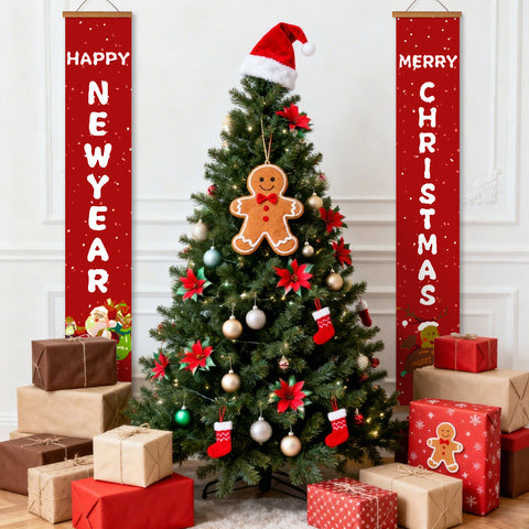Christmas typography hanging banner paint by numbers kit featuring vertical “HAPPY NEW YEAR” and “MERRY CHRISTMAS” lettering design with Santa Claus, Christmas trees, snowflakes, and festive decorations in a bold red background style. Includes paints, brushes, and DIY banner materials.