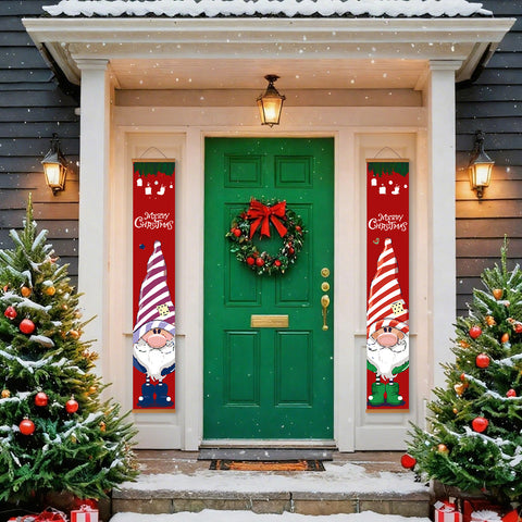 Christmas gnome hanging banner paint by numbers kit featuring two vertical festive banners with cute gnome characters wearing striped hats, surrounded by snow, stars, ornaments, and holiday decorations in a colorful Christmas illustration style. Includes paints, brushes, and DIY banner materials.