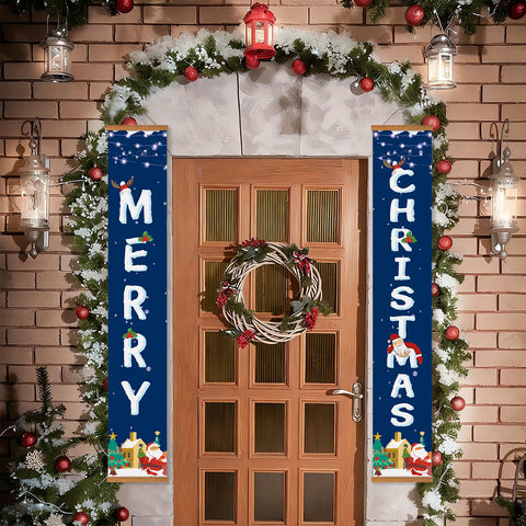 Christmas typography hanging banner paint by numbers kit featuring vertical “MERRY CHRISTMAS” lettering design with Santa hats, snowflakes, winter houses, and festive decorative elements in a clean bold graphic style. Includes paints, brushes, and DIY canvas banner set for holiday decoration.