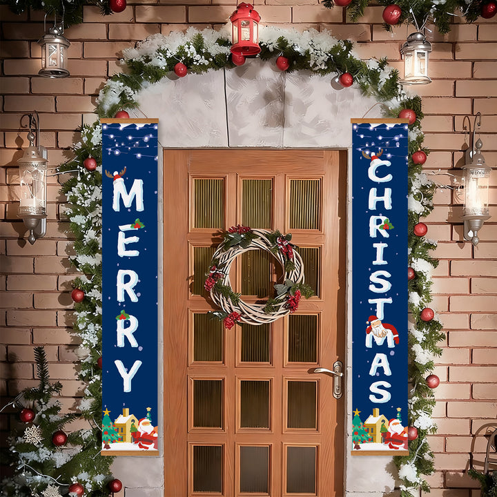 Christmas typography hanging banner paint by numbers kit featuring vertical “MERRY CHRISTMAS” lettering design with Santa hats, snowflakes, winter houses, and festive decorative elements in a clean bold graphic style. Includes paints, brushes, and DIY canvas banner set for holiday decoration.