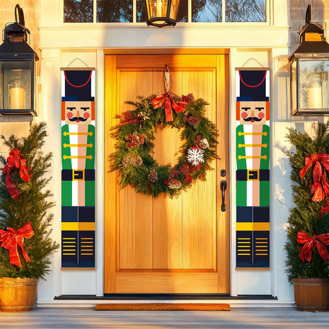 Christmas nutcracker door couplets paint by numbers kit featuring two vertical hanging decorations with nutcracker soldier designs, festive stripes, buttons, and holiday colors. Includes paint set, brushes, stickers, hanging frames, and DIY assembly materials for Christmas home decoration.