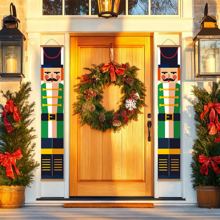 Christmas nutcracker door couplets paint by numbers kit featuring two vertical hanging decorations with nutcracker soldier designs, festive stripes, buttons, and holiday colors. Includes paint set, brushes, stickers, hanging frames, and DIY assembly materials for Christmas home decoration.