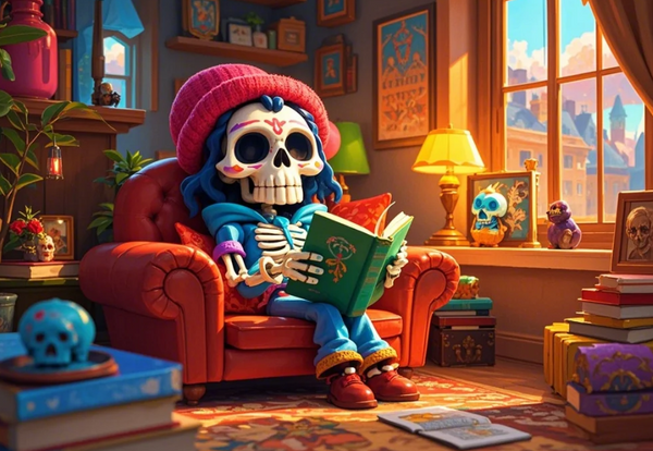 Paint by Numbers：Day of the Dead Bookworm Cozy Reading Silhouette of a Cute Skeleton Enjoying a Book in a Comfortable Room Decorated with Sugar Skulls