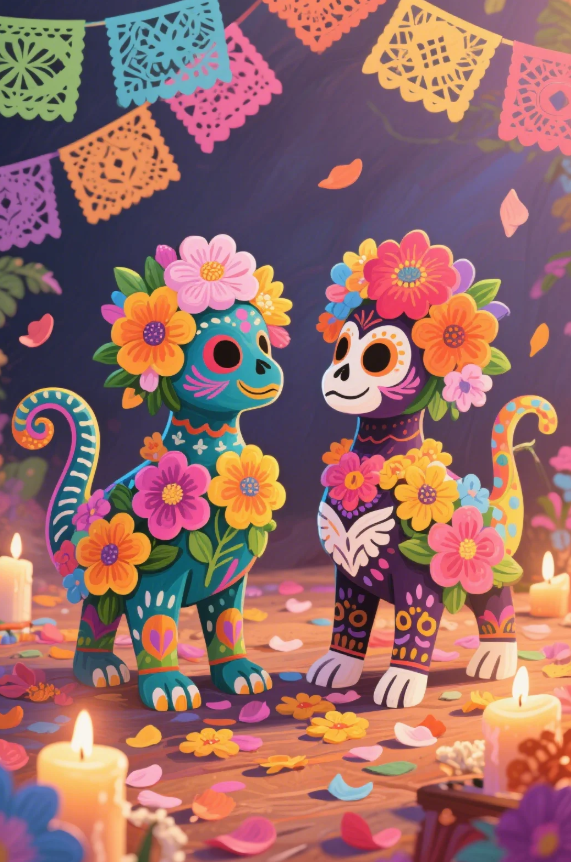 Paint by Numbers：Day of the Dead Cuteness Painting Adorable Animal Sugar Skulls Adorned with Flowers and Patterns with Color DIY Art Kit