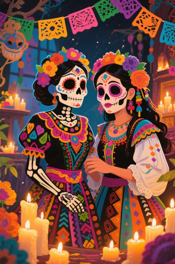 Paint by Numbers：Day of the Dead Duet Whisper of Souls, Two Women Wearing Exquisite Sugar Skull Makeup Embracing in Candlelight DIY Paint by Numbers Kit