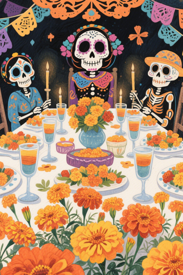Paint by Numbers：Day of the Dead Family Feast Reunion of Souls, Family Wearing Sugar Skull Makeup Dining Together Amidst Flowers and Candlelight DIY Paint by Numbers Kit
