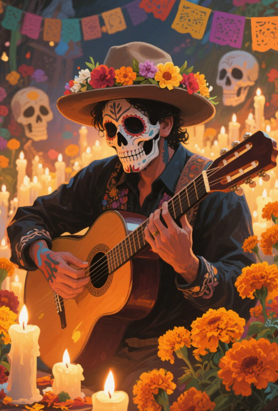 Paint by Numbers：Day of the Dead Minstrel Passionate Silhouette of a Man Wearing Sugar Skull Makeup Singing and Playing Guitar Amidst Candlelight and Marigolds
