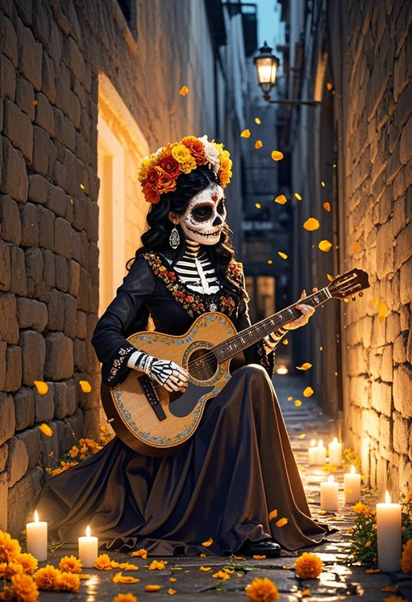 Paint by Numbers：Day of the Dead Nocturne Melody of the Soul, a Woman Wearing Sugar Skull Makeup Playing Guitar in a Candlelit Alley DIY Paint by Numbers Kit