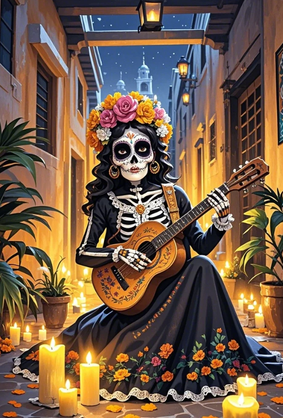 Paint by Numbers：Day of the Dead Serenade Elegant Silhouette of a Woman Wearing Sugar Skull Makeup Gently Playing Guitar in a Candlelit Alley