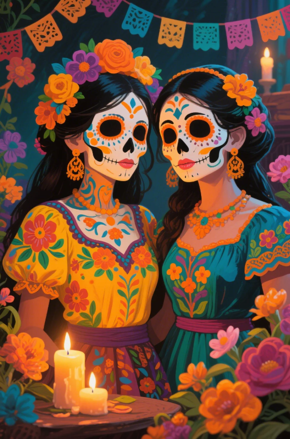 Paint by Numbers：Day of the Dead Sugar Skulls Eternal Flower Faces, Two Women Wearing Exquisite Sugar Skull Makeup Amidst Flowers and Candlelight DIY Paint by Numbers Kit