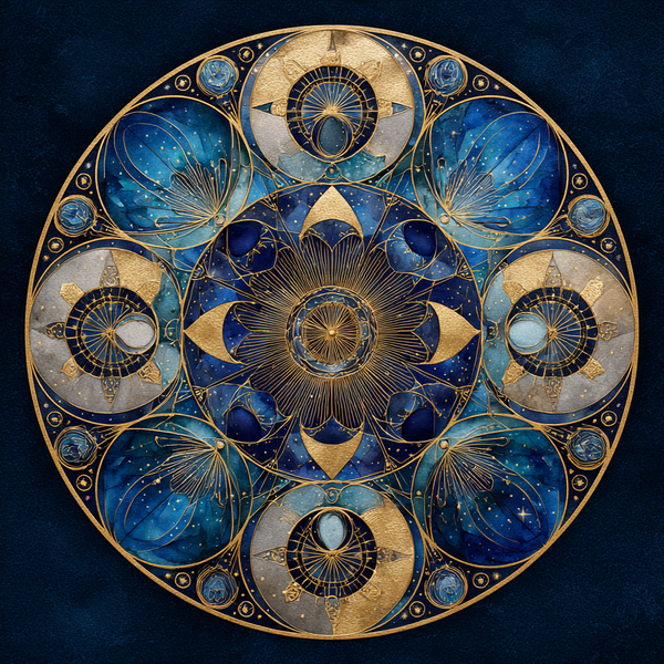 Ecliptic Flow – Moon Phase Mandala Paint by Numbers | Blue & Gold Cosmic Wall Art