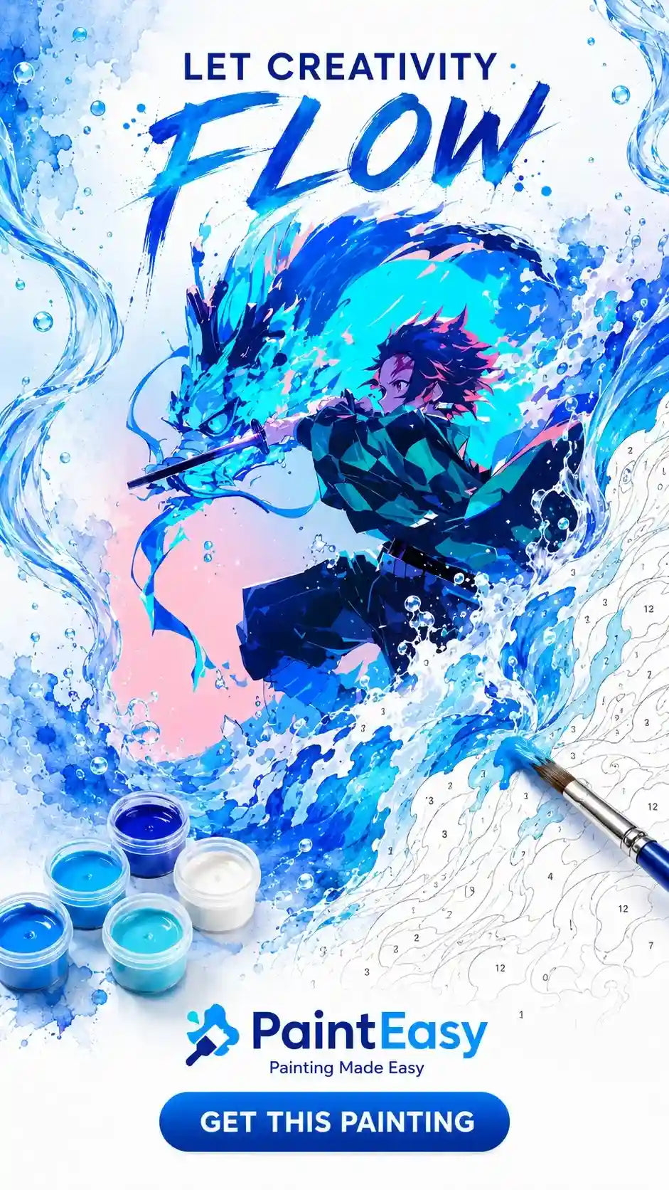 Epic anime paint-by-numbers kit with Let Creativity Flow message