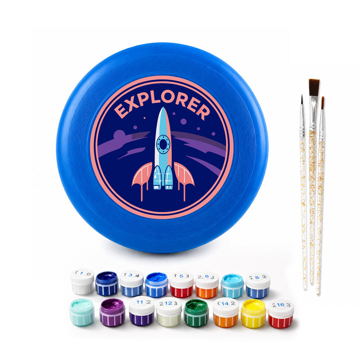 Blue Explorer rocket frisbee with numbered acrylic paints and three brushes