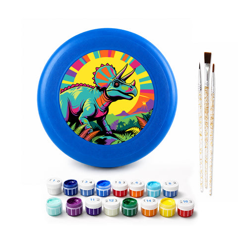 Rainbow Triceratops Frisbee Kit - paint by numbers frisbee kit with acrylic paints and brushes
