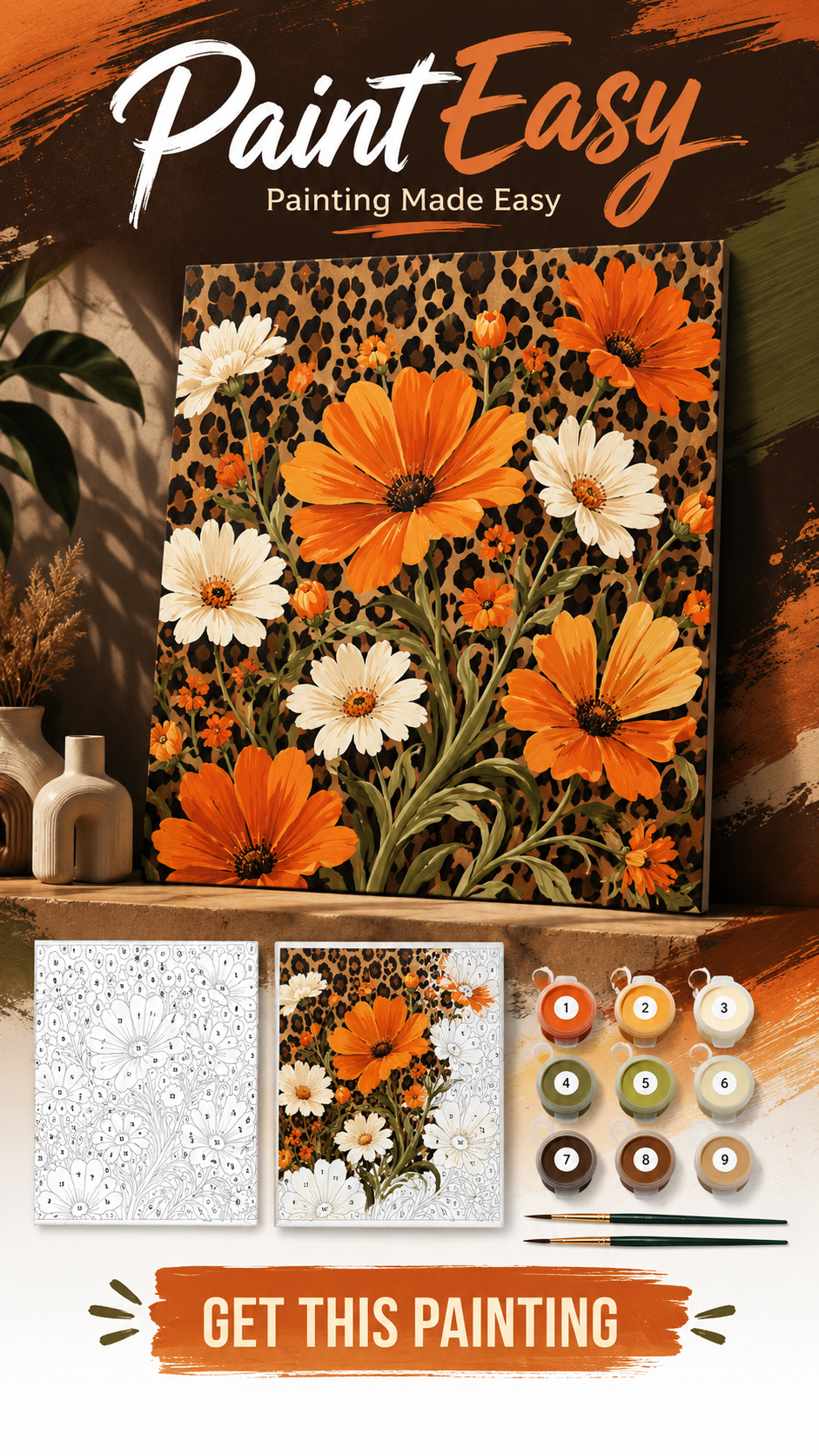 Autumn wildflower paint-by-numbers kit in warm orange tones
