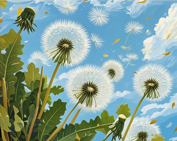 Paint by Numbers：Fluffy Whispers Poetic Dance of Dandelions Floating Gently Under the Blue Sky Painting Kit