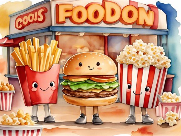 Paint by Numbers：Foodie Cuties Happy Fast Food Buddies, a Smiling Cartoon Hamburger, a Box of Energetic French Fries, and a Bucket of Cheerful Popcorn, Bringing the Joy of Food DIY Paint by N