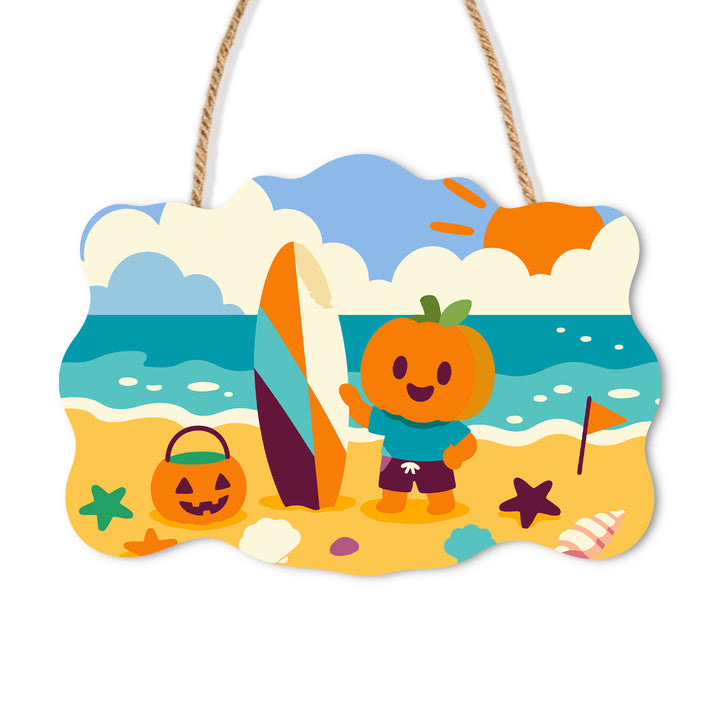 Pumpkin character with a surfboard and candy bucket on a bright beach