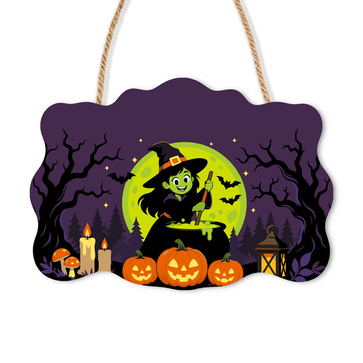 Green witch brewing beside three jack-o-lanterns under a glowing moon
