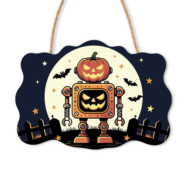 Pumpkin-headed robot in a moonlit graveyard on a shaped wooden sign