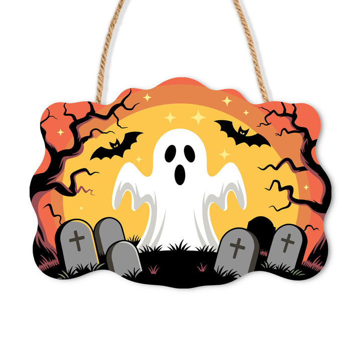 White ghost between gravestones beneath an orange sky on a wooden sign