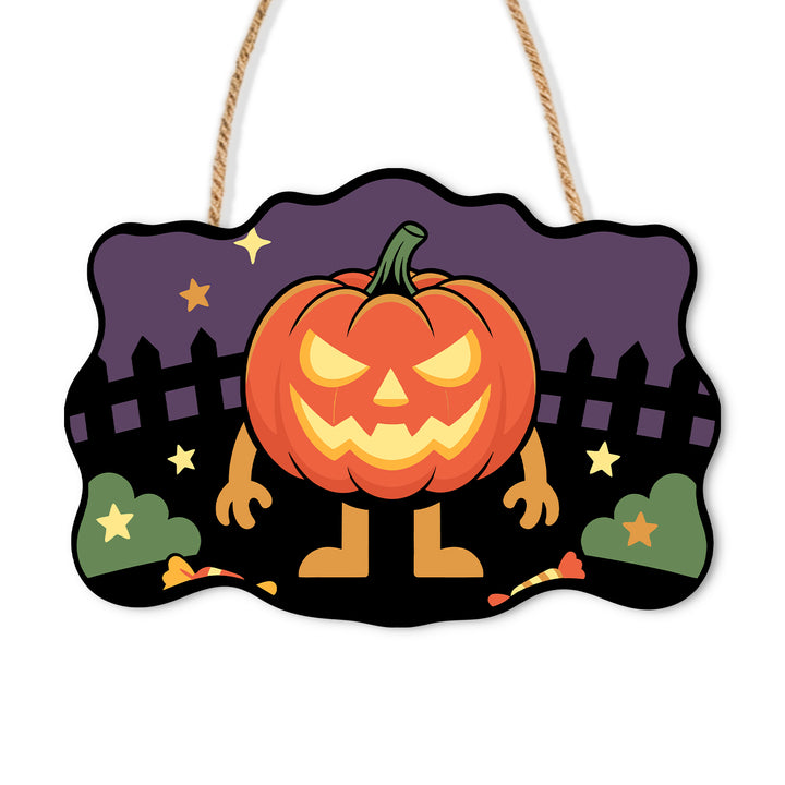 Walking jack-o-lantern character beside a dark fence on a purple wooden sign
