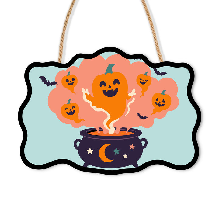 Smiling pumpkin spirits rising from a dark cauldron on a wooden sign