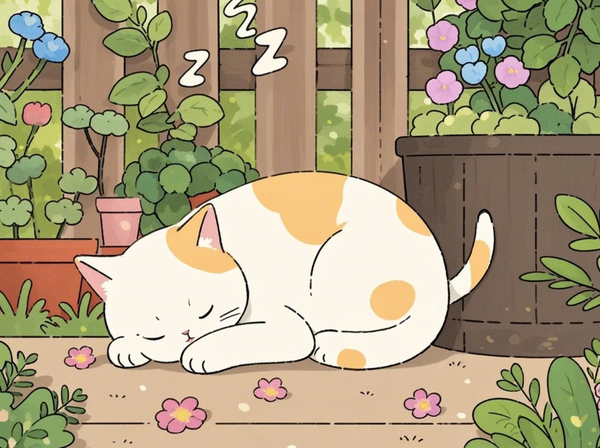 Paint by Numbers：Garden Nap Cat's Afternoon Dream, An Adorable Cat Sleeping Peacefully in a Blooming Garden, Enjoying the Sunlight and Tranquility DIY Paint by Numbers
