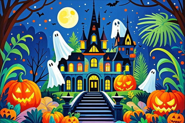 Paint by Numbers：Ghost Pumpkin Wonderland Adorable Ghosts and Smiling Jack-o'-Lanterns Playing in Front of a Whimsical Castle Painting Kit