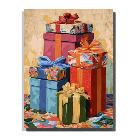 Paint by Numbers Kit – A Stacked Arrangement of Decorative Gift Boxes with Layered Color Blocks, Soft Ribbons, and Balanced Geometric Forms – PaintEasy
