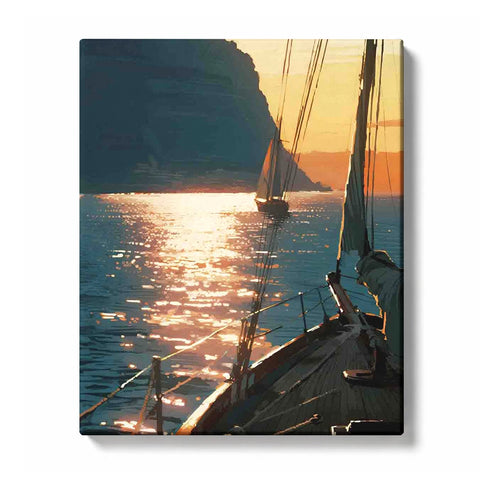 Sailboat Deck beside a Golden Cliffside Sea Reflection Paint by Numbers Kit for Adults