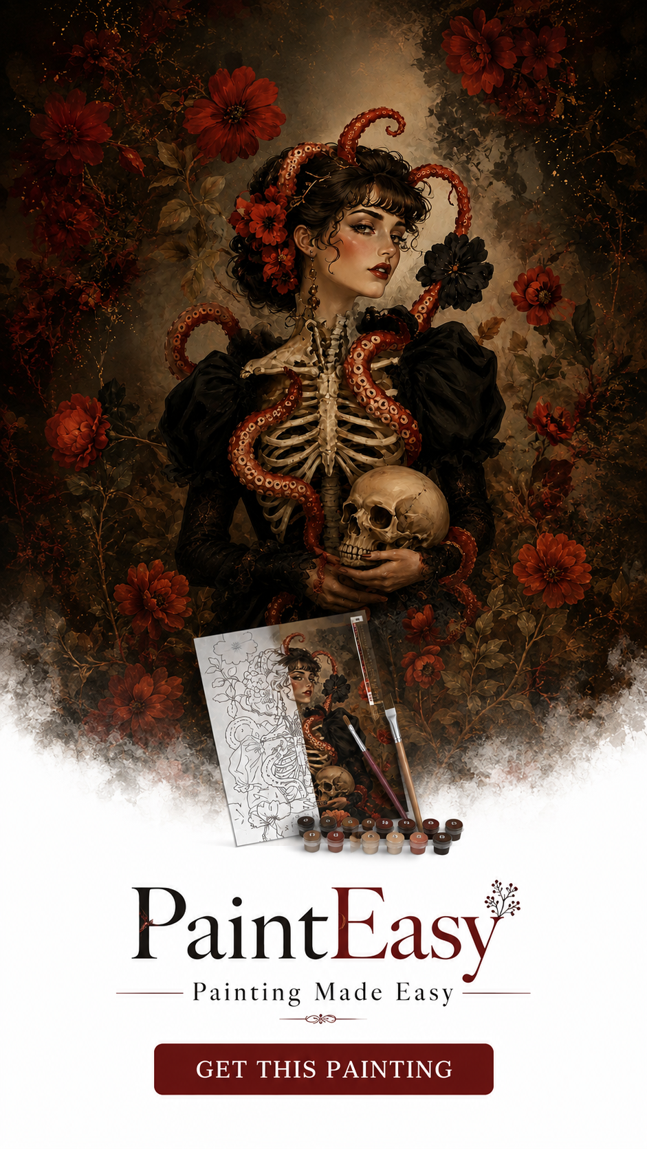 Gothic woman portrait paint-by-numbers kit in dark red tones