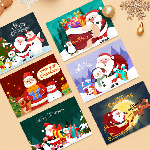 Six Christmas greeting card paint by numbers designs featuring Santa Claus, snowmen, penguins, reindeer, Christmas gifts, sleigh rides, and festive winter celebrations, illustrated in a colorful cartoon style with cheerful holiday scenes.