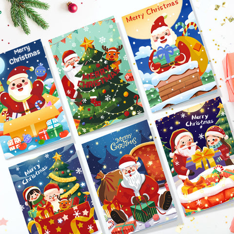 Six Christmas greeting card paint by numbers designs featuring Santa Claus delivering gifts, decorated Christmas trees, reindeer, wrapped presents, snowy winter scenes, and festive holiday celebrations in a colorful cartoon illustration style.