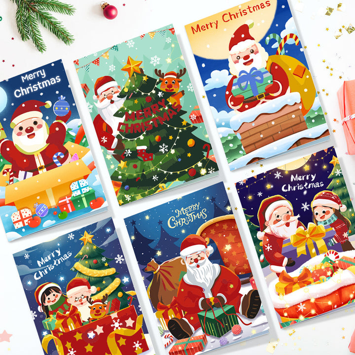 Six Christmas greeting card paint by numbers designs featuring Santa Claus delivering gifts, decorated Christmas trees, reindeer, wrapped presents, snowy winter scenes, and festive holiday celebrations in a colorful cartoon illustration style.