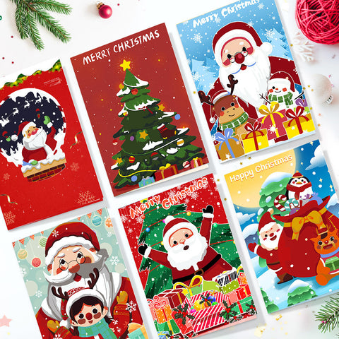 Six Christmas greeting card paint by numbers designs arranged as a festive set, featuring Santa Claus, Christmas trees, snowmen, reindeer, and holiday gift scenes. Each card uses a bold flat illustration style with bright colors, simple shapes, and cheerful Christmas-themed characters.
