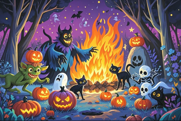 Paint by Numbers：Halloween Bonfire Night Spooky Gathering, a Group of Adorable Halloween Creatures Gathering Around a Bonfire, Sharing a Wonderful Night DIY Paint by Numbers Kit