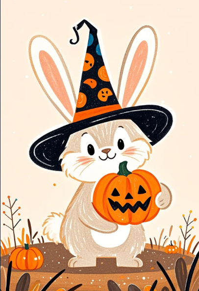 Paint by Numbers：Halloween Cute Bunny Pumpkin Hug, an Adorable Little Bunny Wearing a Witch Hat, Snuggling a Smiling Jack-o'-Lantern, Melting Your Heart DIY Paint by Numbers Kit