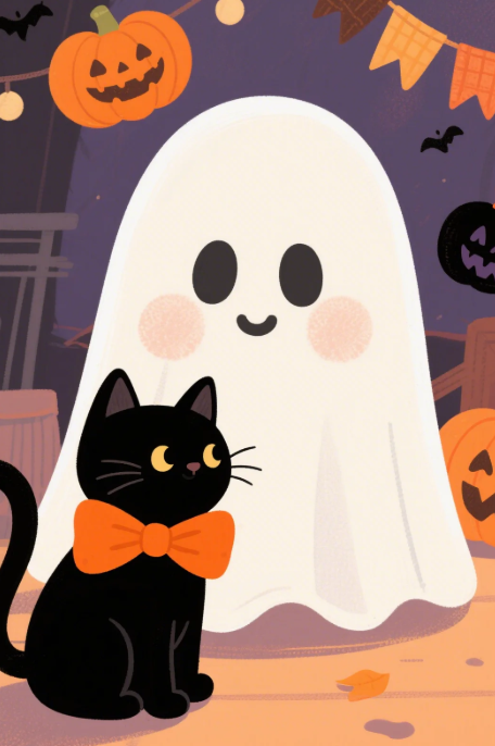 Paint by Numbers：Halloween Fun Duo Painting This Adorable Little Ghost and Black Cat Duo, Feeling the Unique Charm and Cuteness of Halloween with Color DIY Art