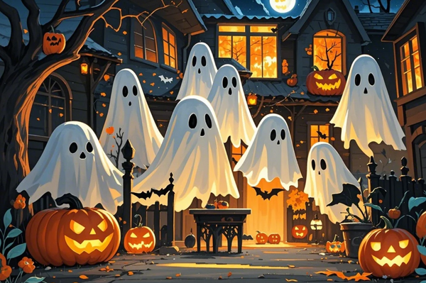 Paint by Numbers：Halloween Ghost Party Painting the Joyful Scene of Friendly Ghosts and Jack-o'-Lanterns in Front of a Haunted House with Color DIY Art Kit