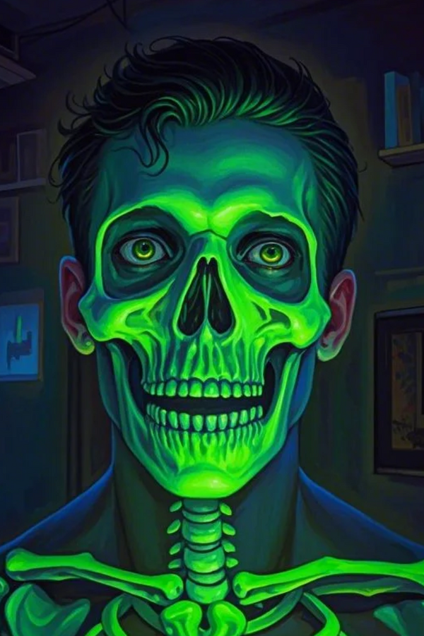 Paint by Numbers：Halloween Night Glow Eerie Gaze, a Skull Head Emitting a Spooky Green Light in the Dark DIY Paint by Numbers Kit