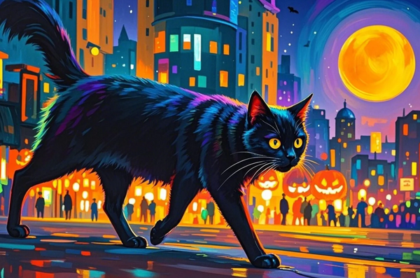 Paint by Numbers：Halloween Night Prowl Black Cat's City Stroll, a Mysterious Black Cat Moving Through an Illuminated City on Halloween Night DIY Paint by Numbers Kit