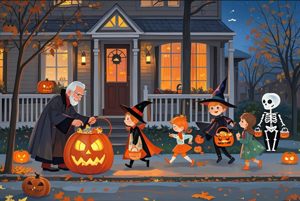 Paint by Numbers：Halloween Trick-or-Treat Night Kids in Halloween Costumes Enjoying a Fun Night of Trick-or-Treating DIY Paint by Numbers Kit