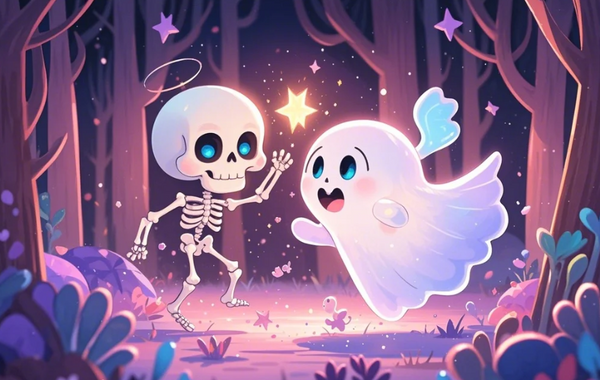 Paint by Numbers：Halloween Whimsical Tale Angel Skeleton and Ghost's Friendship, a Cute Skeleton with a Halo and His Ghost Friend Playing in a Magical Forest DIY Paint by Numbers Kit
