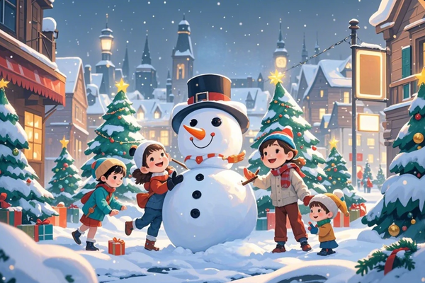 Paint by Numbers：Healing Christmas Painting - Christmas Laughter in the Snow Holiday Happiness and Warmth Brought by Children and a Christmas Snowman