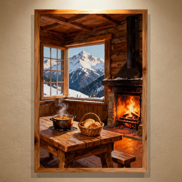 Paint by Numbers：Indoor Dining Table with Snowy Scenery